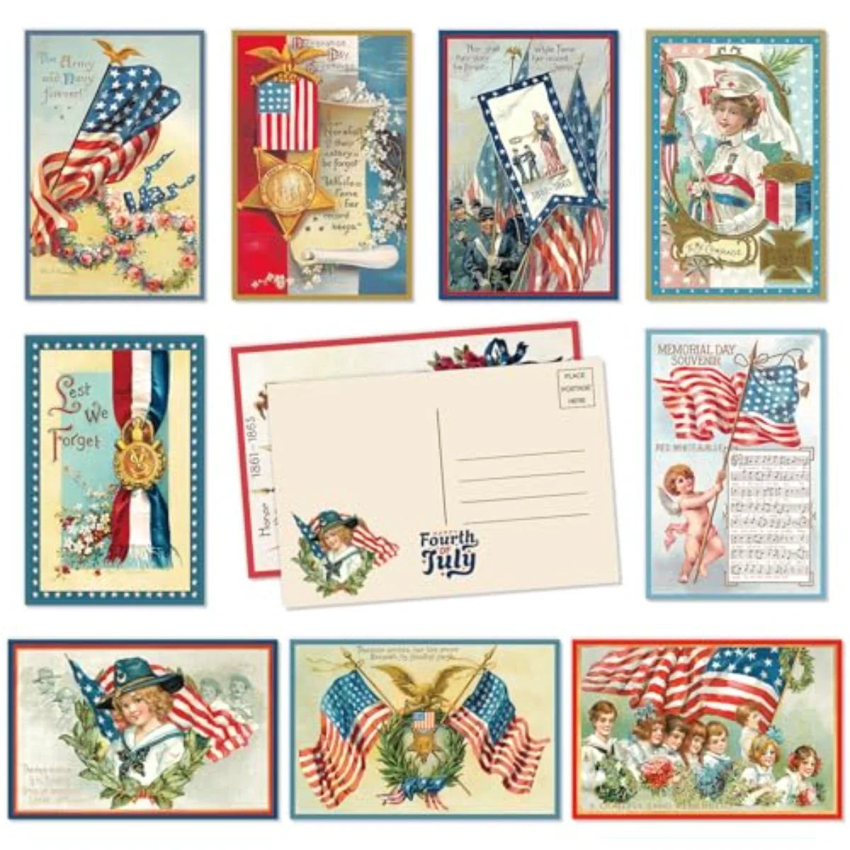 40 Pcs Patriotic Blank Postcards Vintage American Flag Post Cards