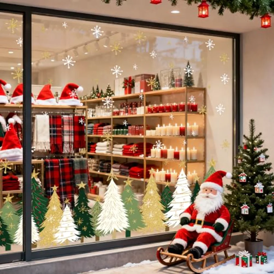 9 Sheets Christmas Window Clings Window Decals White Green Gold Xmas Tree, view 3
