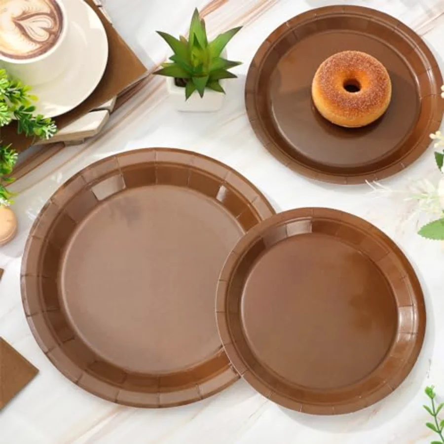 100Pcs Brown Tableware Set Fall Disposable Dinnerware Set 50Pcs Paper, view 3