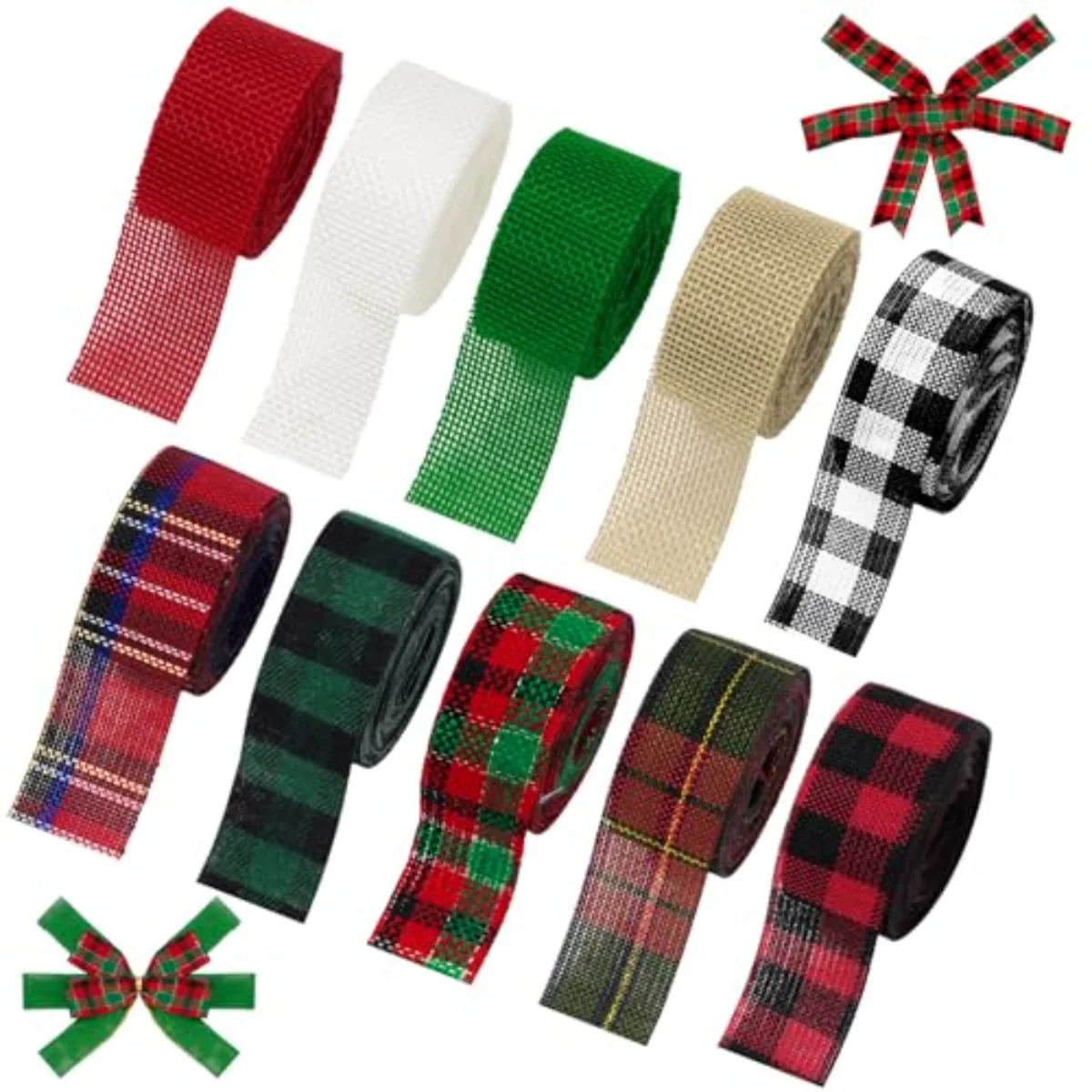 10 Rolls 50 Yards Christmas Burlap Ribbon Rolls 1 Inch Wired Plaid