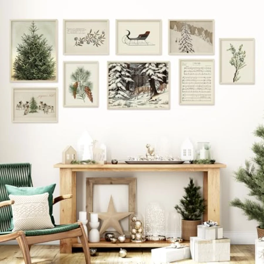 Christmas Wall Art Prints Vintage Watercolor Pine Tree Posters Retro, view 4