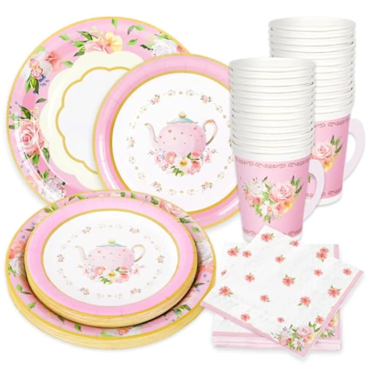 Pink Tea Party Tableware Supplies Serves 24 Pink Floral Tea Party