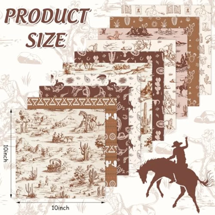 10Pcs Western Cowboy Fabric Squares Cotton Fabric Bundles Small Brown, view 2