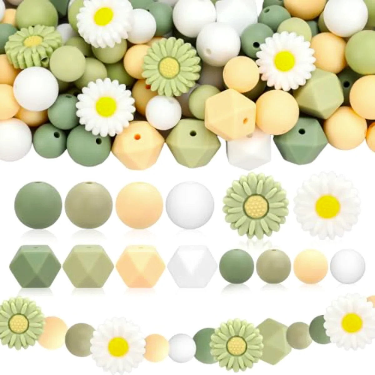 100 Pcs Daisy Flower Silicone Beads Sage Green White Spring Floral Round