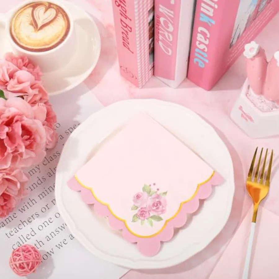 50Pcs Pink Floral Scalloped Cocktail Napkins Disposable Napkin Gold Foil, view 4