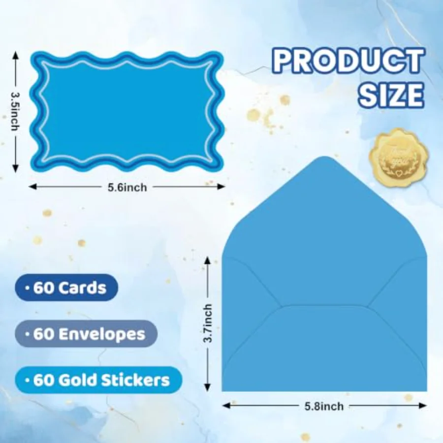 60Pcs Flat Blank Notes with Envelopes 4 Gradient Blue Wavy Border Blank, view 2