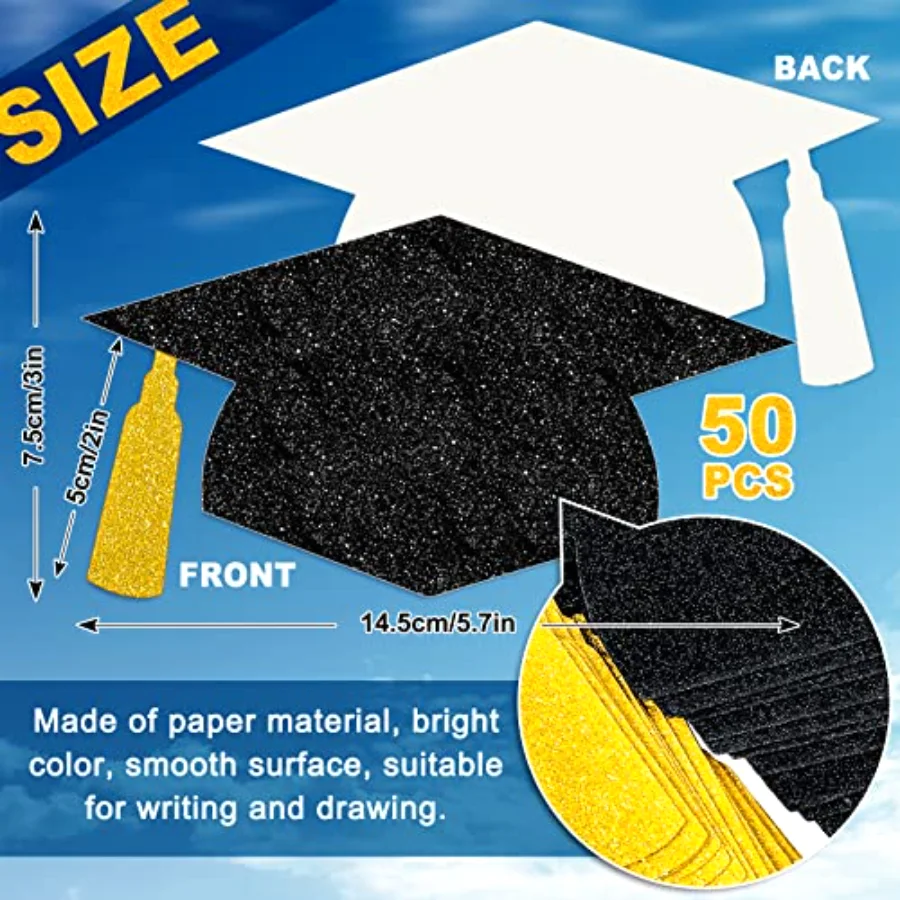 50Pcs Grad Caps Cutouts Glitter Black Gold Graduation Hat Cutouts 5.7 Inch, view 2
