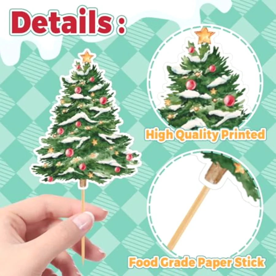 48Pcs Christmas Tree Cupcake Toppers 4 Designs Watercolor Cake Decor, view 3