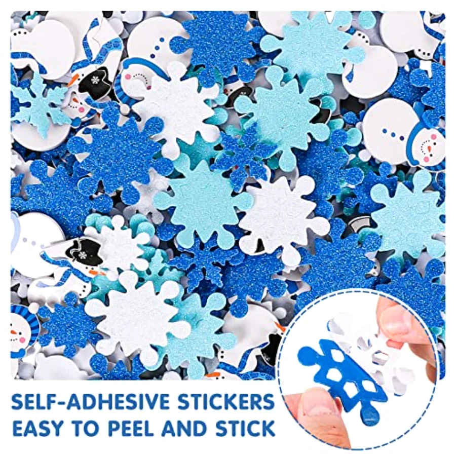 Winter Glitter Foam Sticker Kit 350Pcs Blue White Snowflake Snowman Foam, view 3