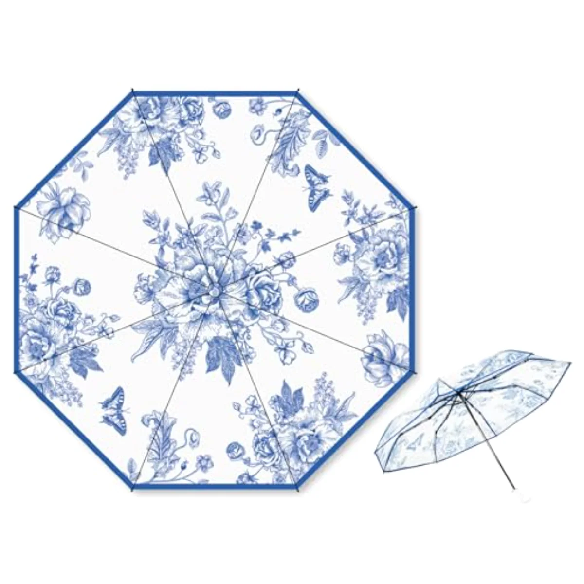 Blue Floral Clear Travel Umbrella Vintage Flower Waterproof Windproof