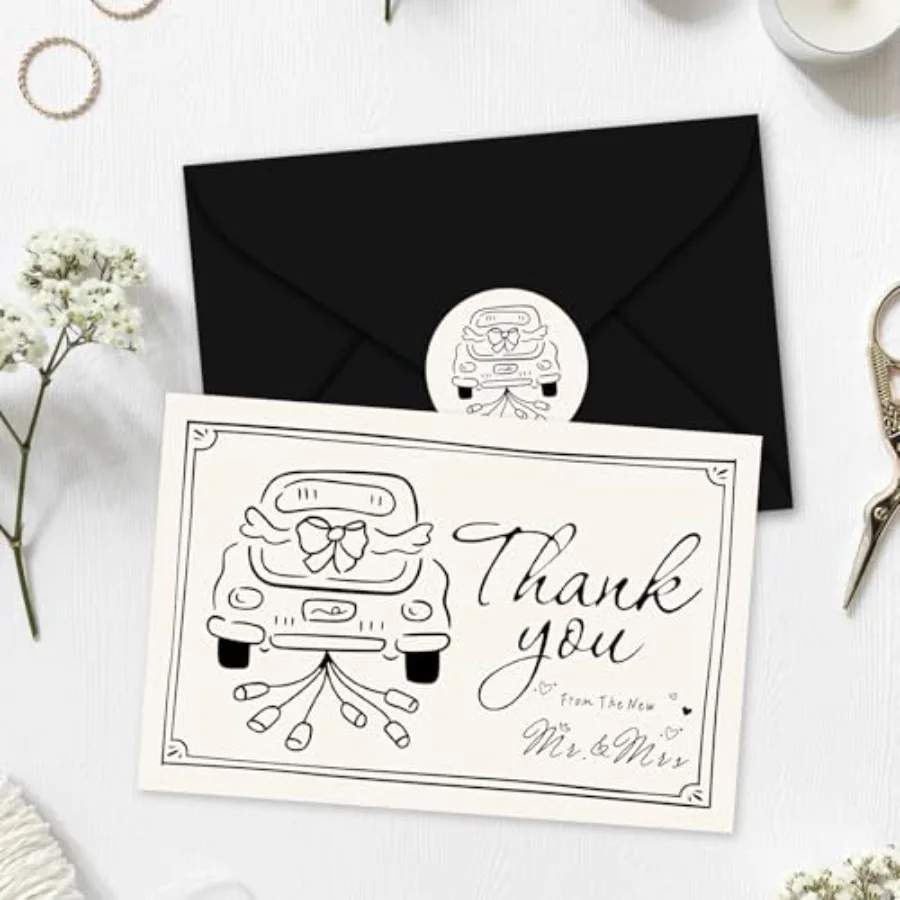 36 Pack Wedding Thank You Cards Black The New Mr & Mrs Cupid Cake Modern, view 4
