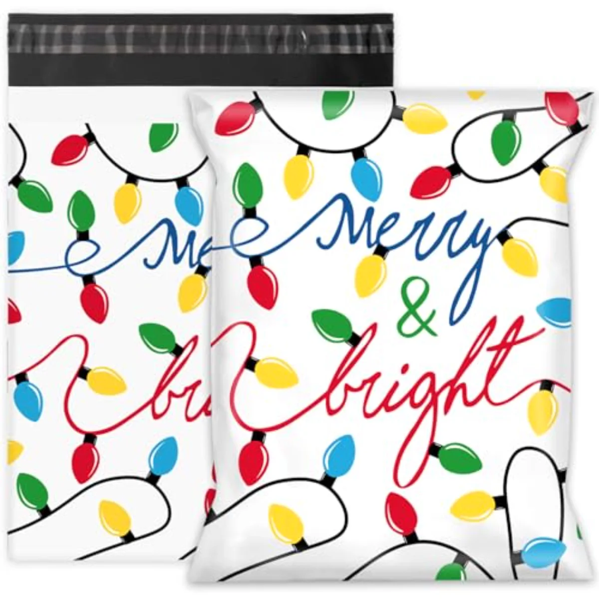 100Pcs Merry Christmas Poly Mailer 10 x 13 Inch Colorful Light Bulb