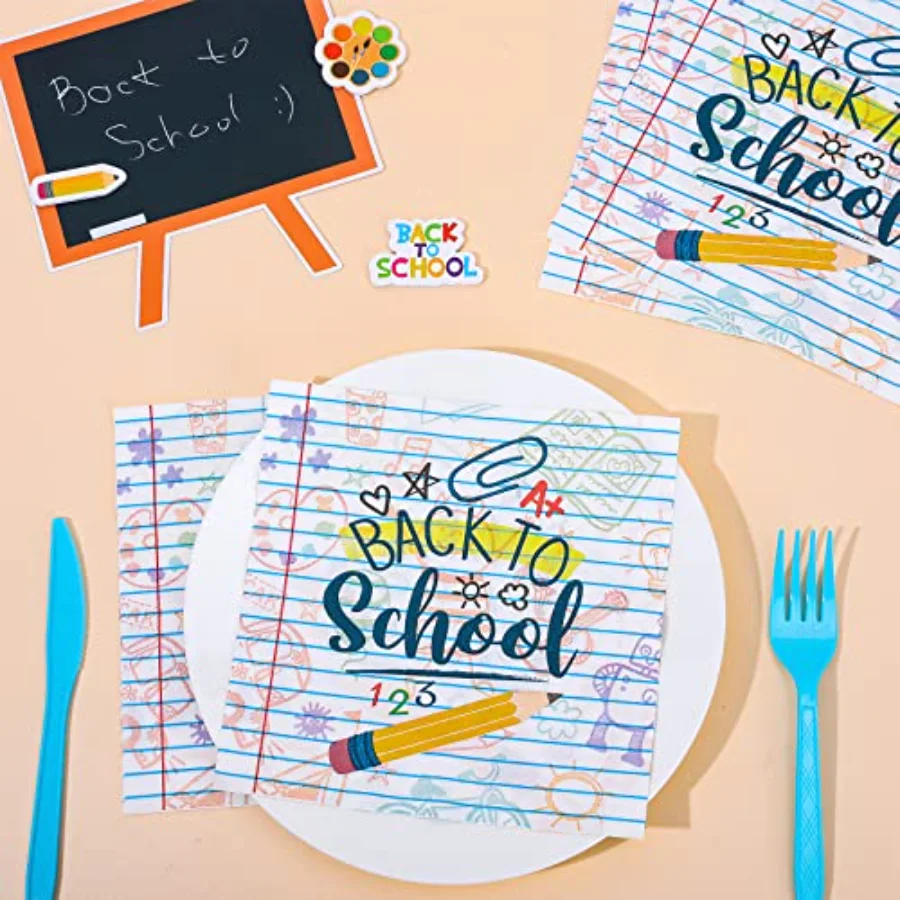 80 Pack Back to School Paper Napkins 6.5 x 6.5 Inch Pencil Homework Prints, view 3