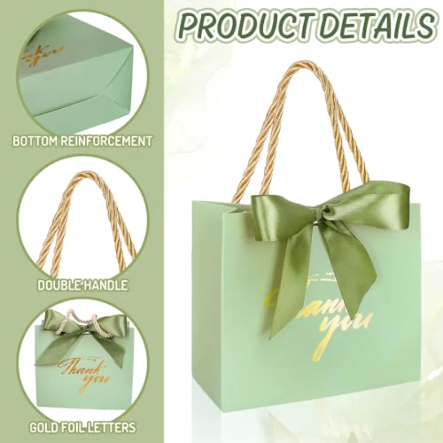 60Pcs Thank You Paper Gift Bags with Bow Gradient Sage Green Party Favor, view 3