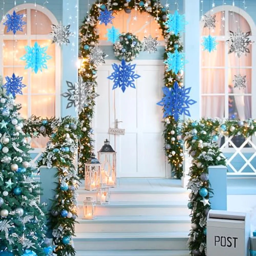 18Pcs Christmas Hanging Decorations Blue Silver 3D Snowflake Paper Hanging, view 4