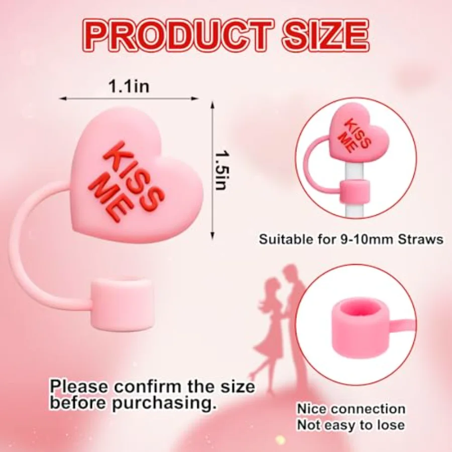 6 Pcs Valentine's Day Conversation Heart Straw Cover Cap Reusable Silicone, view 2