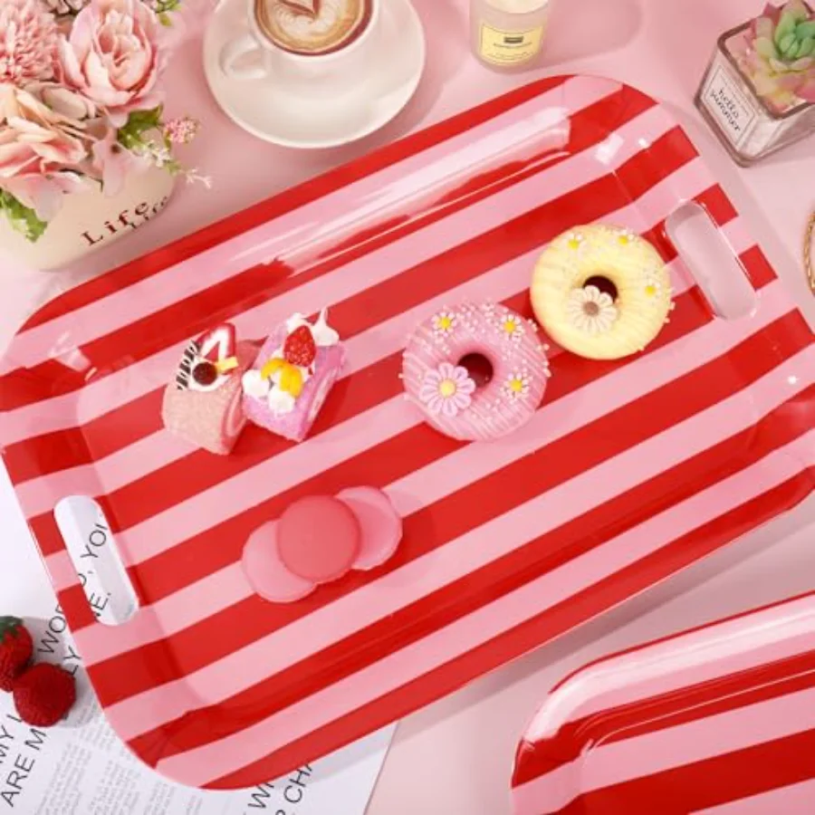 3 Pcs Stripe Serving Trays Melamine Platter Red Pink Serving Dishes for, view 4