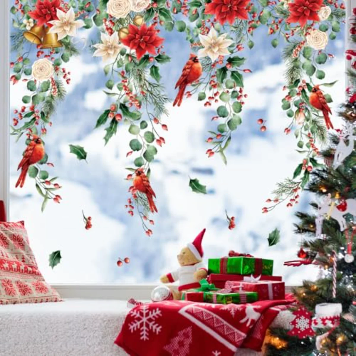 9 Sheets Christmas Floral Window Cling Stickers Hanging Poinsettia Flowers
