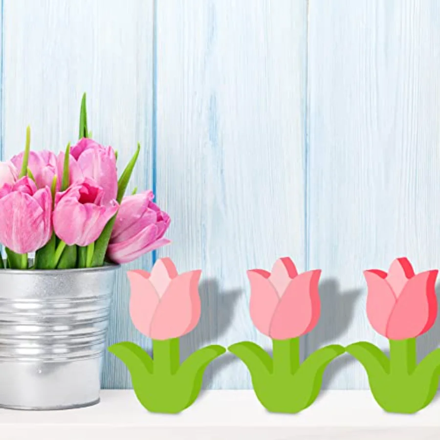 6Pcs Wooden Tulip Spring Table Decoration Unfinished Flower Wood Sign, view 3