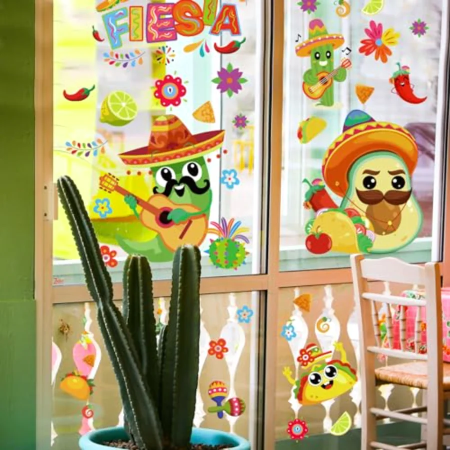 9 Sheet Mexican Fiesta Party Window Clings Cinco De Mayo Cactus Guitar, view 3