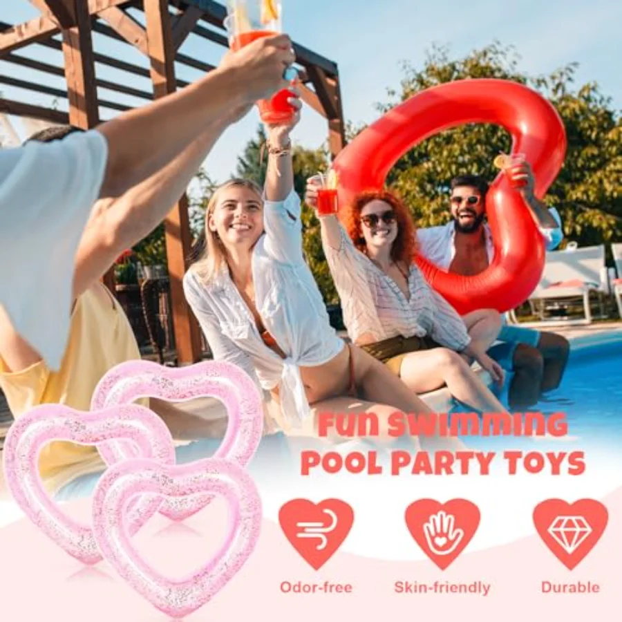 3Pcs Inflatable Heart Pool Float with Glitter Inside Pink Swim Pool Rings, view 3