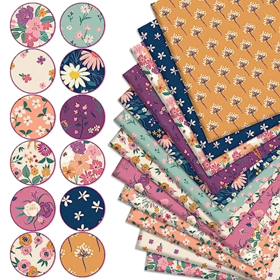 12 Pcs Retro Floral Cotton Fabric Bundles 18 x 22 Inch Wildflower Fat, view 3