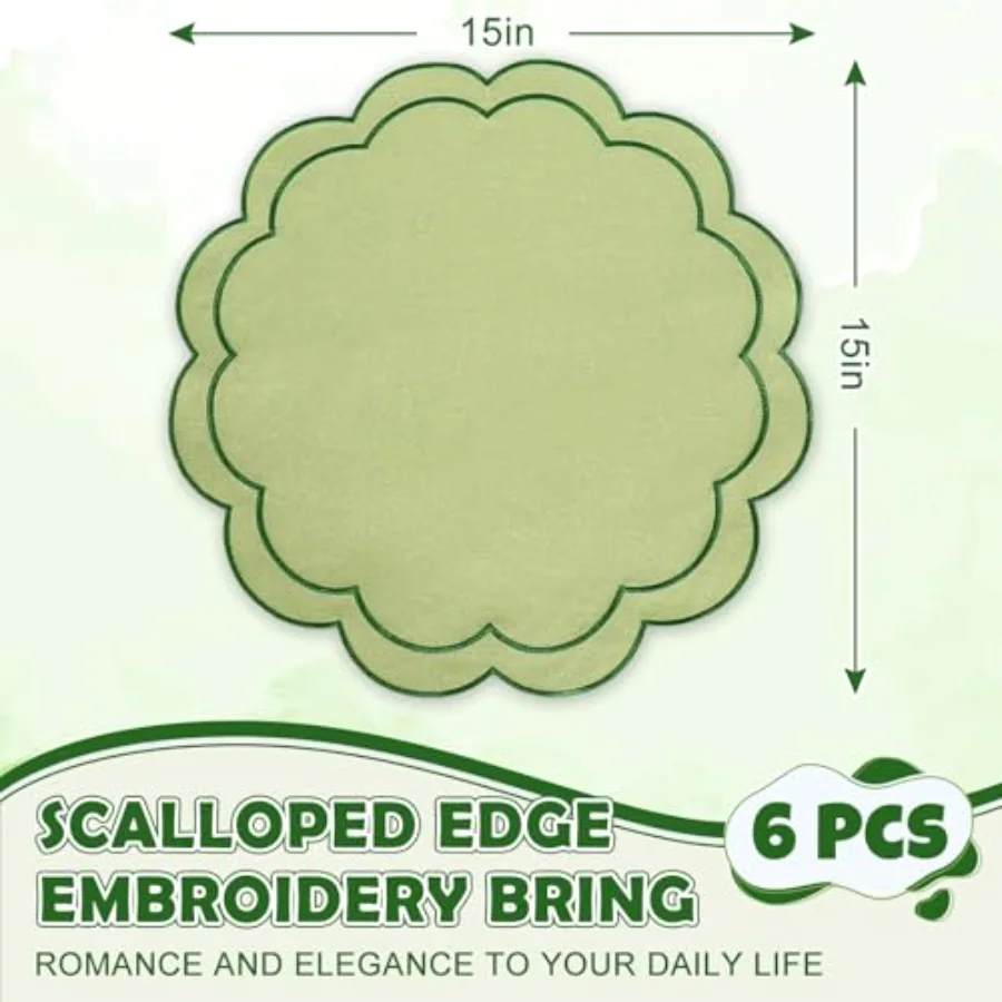 Green Linen Placemats Embroidered Round Scalloped Kitchen Place Mats for, view 2