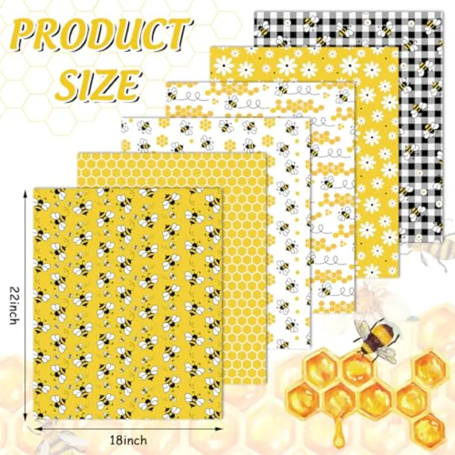 6 Pcs Summer Bee Cotton Fabric Bundles Bee Daisy Honeycomb Plaid Fat, view 2