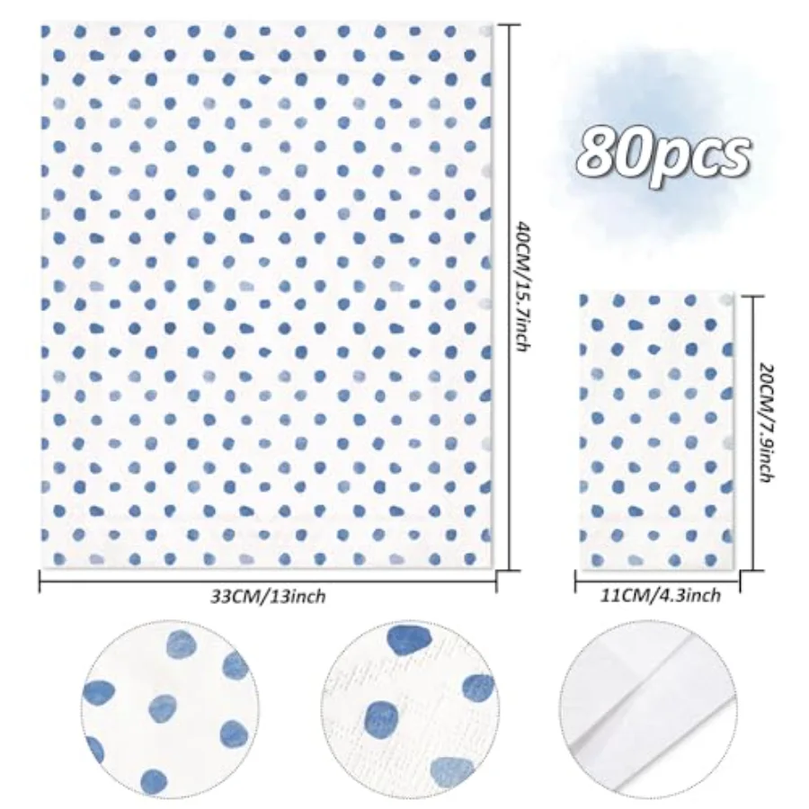 Polka Dots Guest Napkins White Blue 3 Ply Disposable Paper Napkins Dinner, view 2