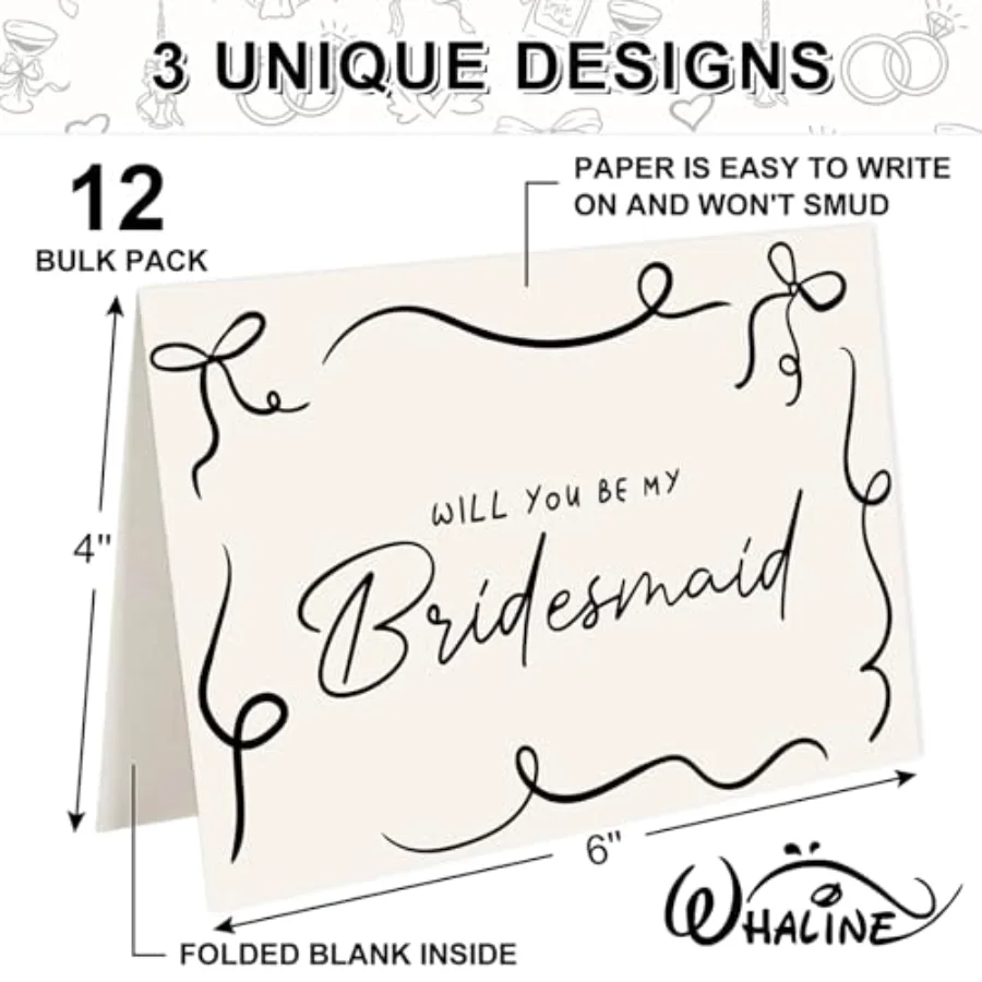 12 Pcs Bridesmaid Proposal Cards with Envelopes Stickers Beige Black Bow, view 2