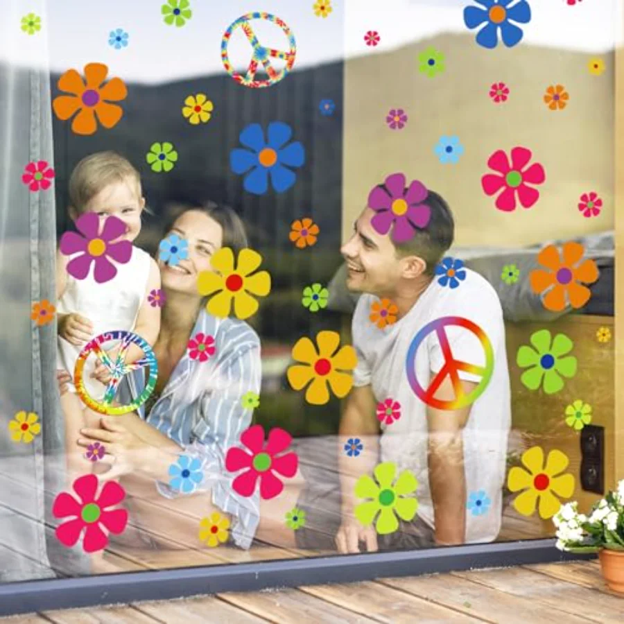 9 Sheets 60’s Hippie Window Clings Retro Double-Sided Colorful Sun Flower, view 3
