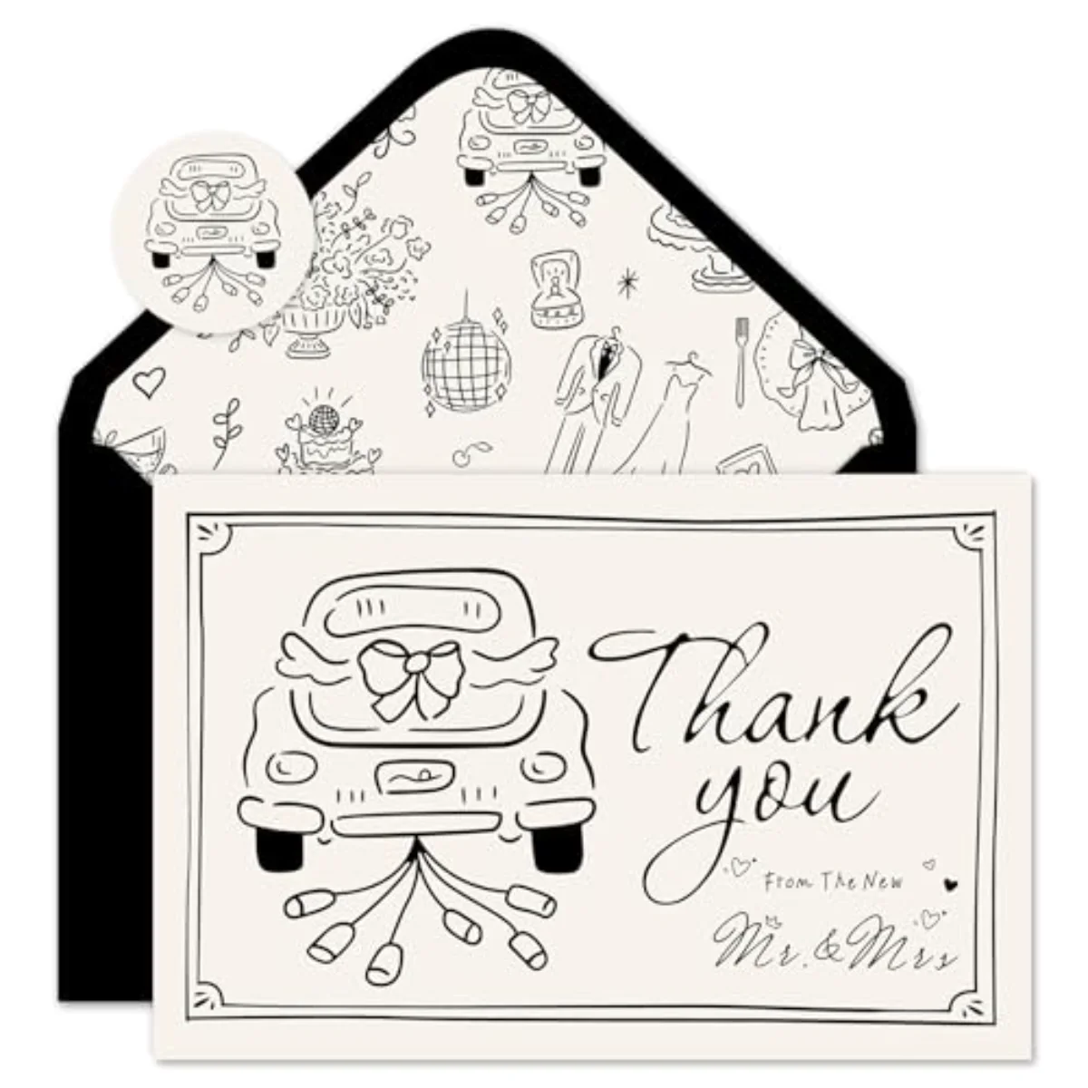 24 Pack Wedding Thank You Cards Black The New Mr & Mrs Car Cake