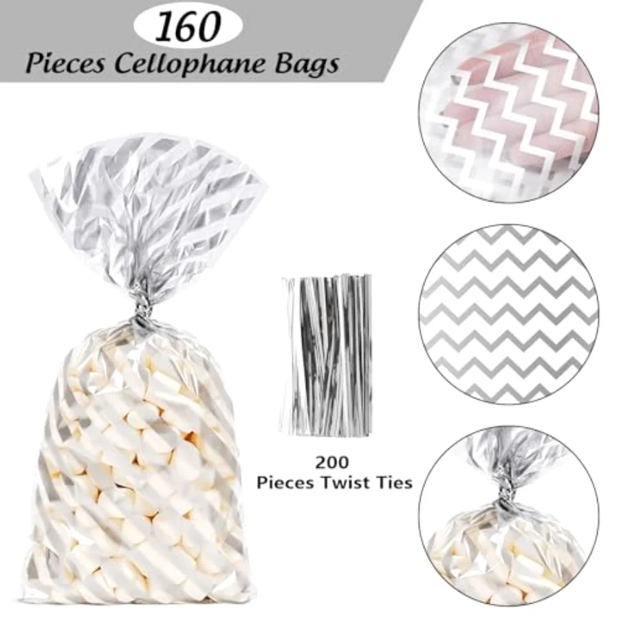 160 Pcs Silver Cellophane Bags with Twist Ties Stripe Wave Dot Print, view 3