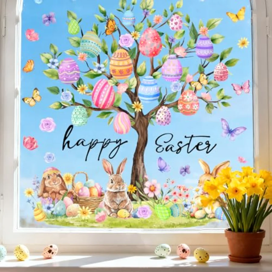 6 Sheet Easter Window Clings Window Decal Large Bunny Rabbit Egg Tree, view 4