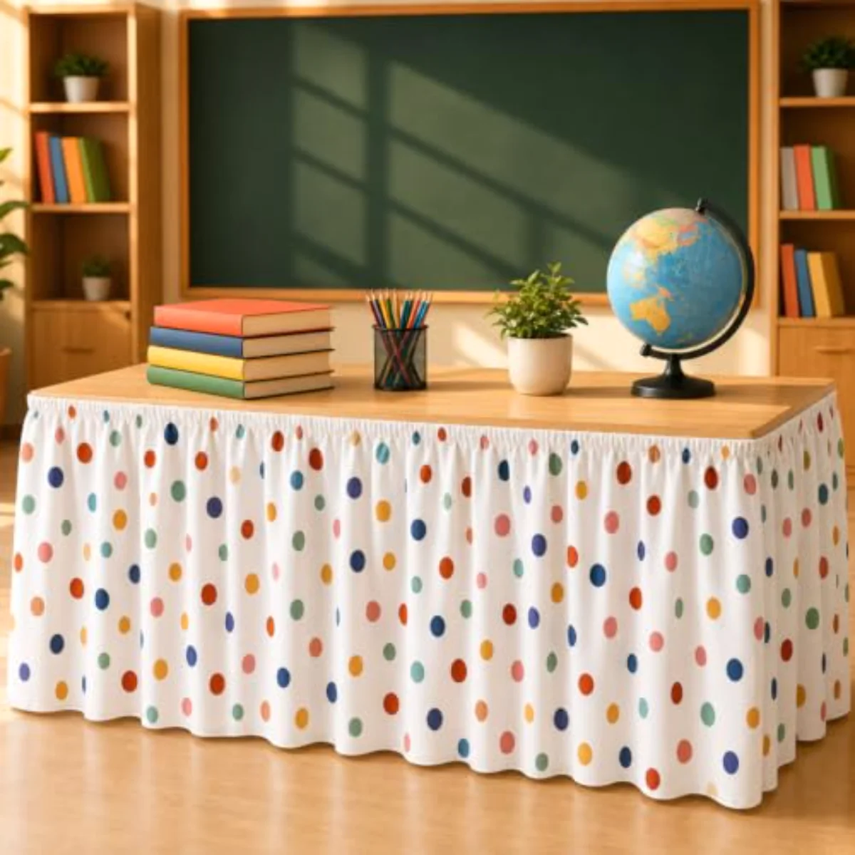 29.5 in x 13.8 ft Boho Dots Ruffled Table Skirt for Teacher Desk Colorful