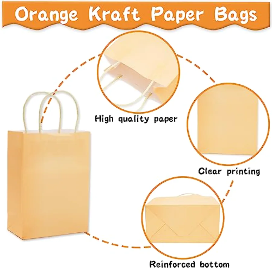 Orange Party Favor Bags 24 Pcs Paper Gift Bag with Handles Fall Grocery, view 3