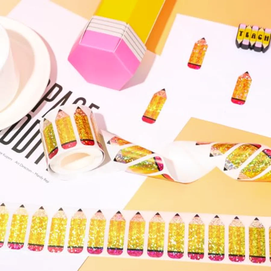 Back to School Stickers Roll Glitter Pencil Seal Stickers Holographic, view 3