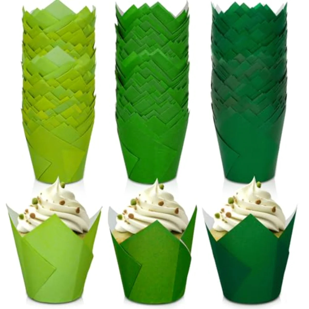 180Pcs Green Tulip Cupcake Liners Gradient Green Tulip Muffin Baking Cups