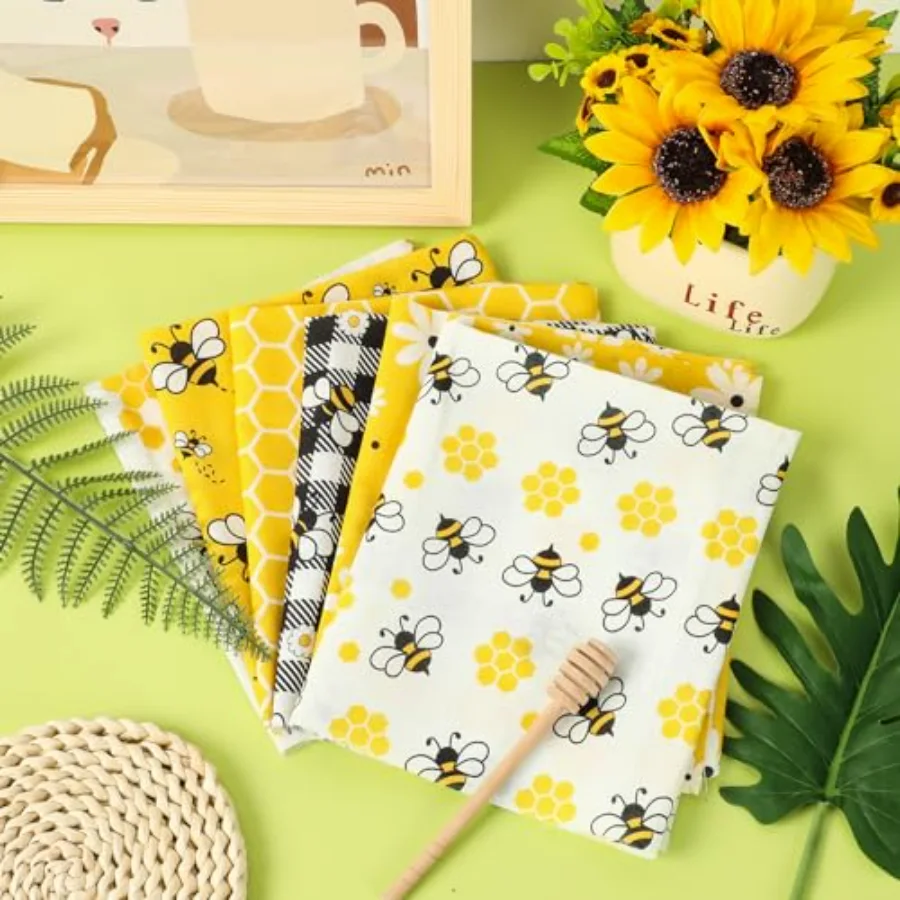 6 Pcs Summer Bee Cotton Fabric Bundles Bee Daisy Honeycomb Plaid Fat, view 4
