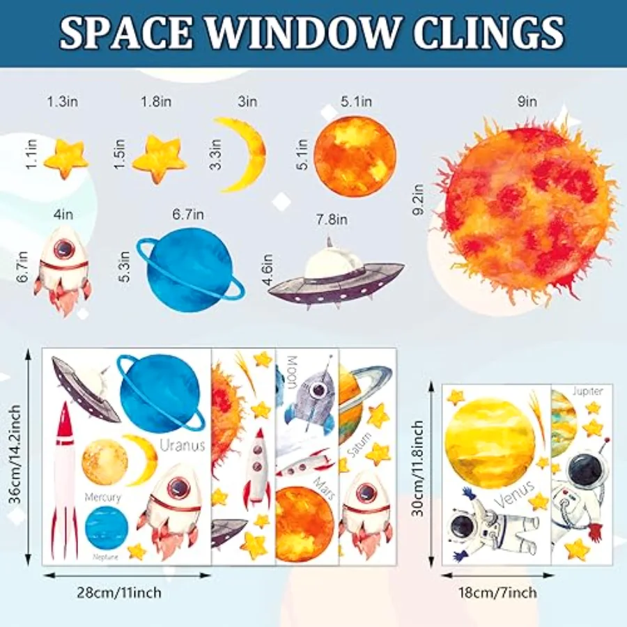 6 Sheet Outer Space Window Clings Space Astronaut Spacecraft Rockets Solar, view 2