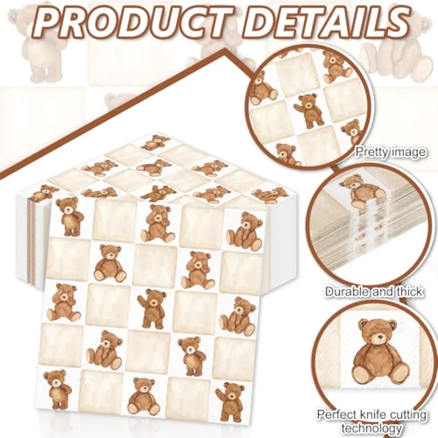50Pcs Checkered Bear Cocktail Napkins Beige Brown Gingham Paper Napkins, view 3