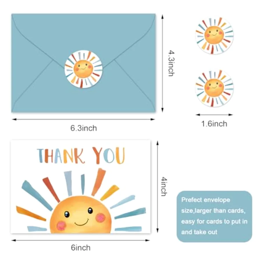 24 Pack Boho Sun Thank You Cards Blue Brown Sunshine Note Card with, view 2