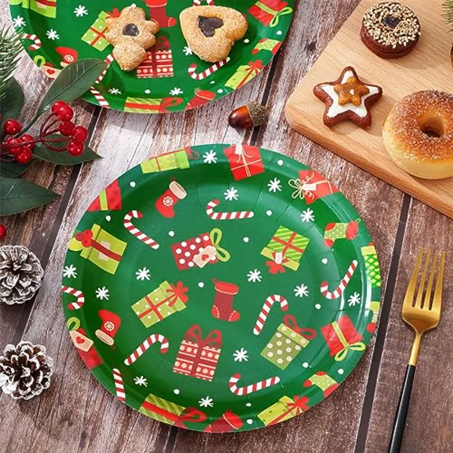 Christmas Paper Plates Xmas Holiday Snowflake Gift Box Print Round, view 3