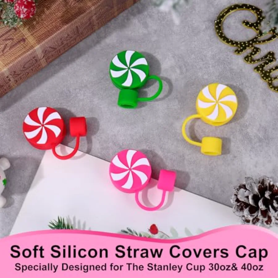 4 Pcs Christmas Straw Cover Cap Peppermint Candy Reusable Silicone Straws, view 3