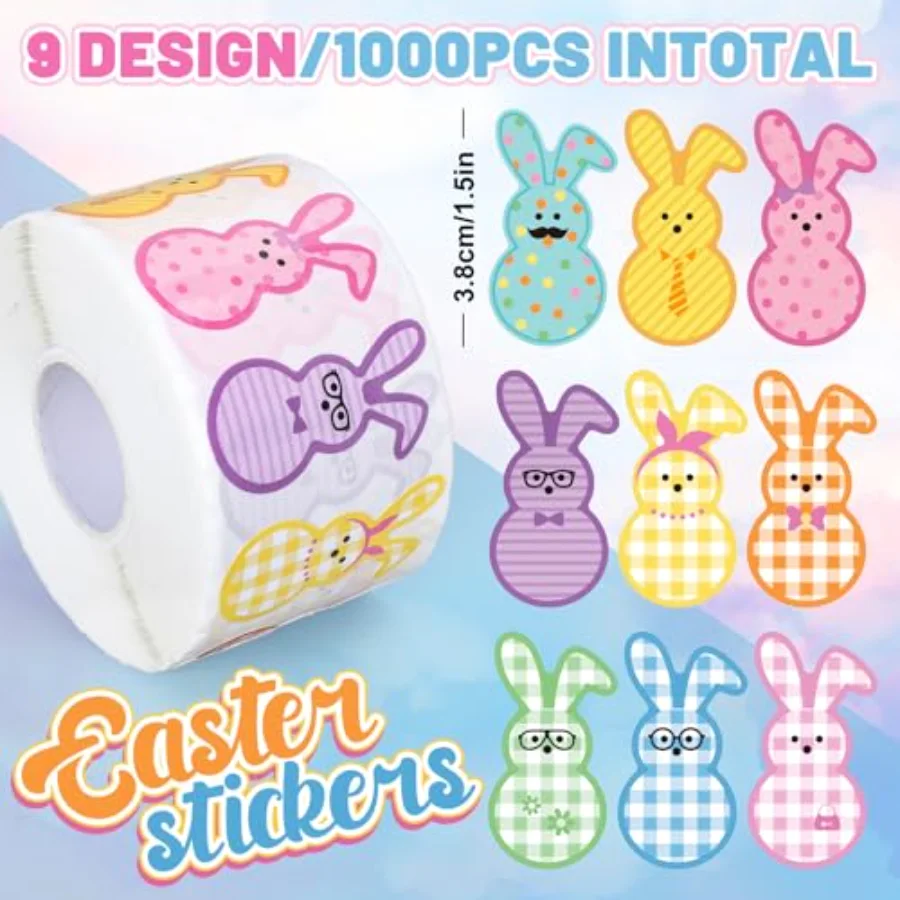 1000Pcs Easter Bunny Stickers Roll Cute Colorful Rabbit Paper Decals 9, view 2
