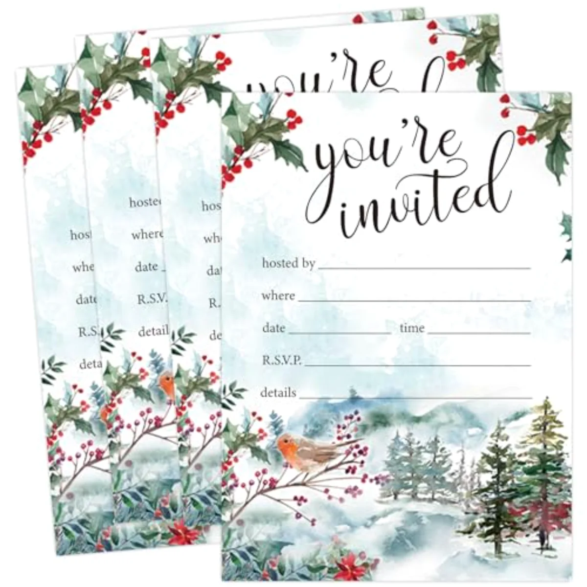 25 Pack Christmas Party Invitation Cards Winter Woodland Robin Invitation