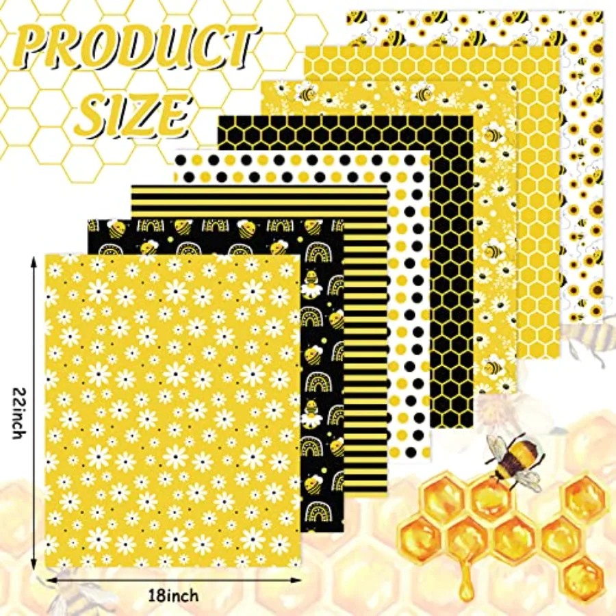 8Pcs Summer Cotton Fabric Bundles 18 x 22 Inch Bee Daisy Boho Fat Quarters, view 2