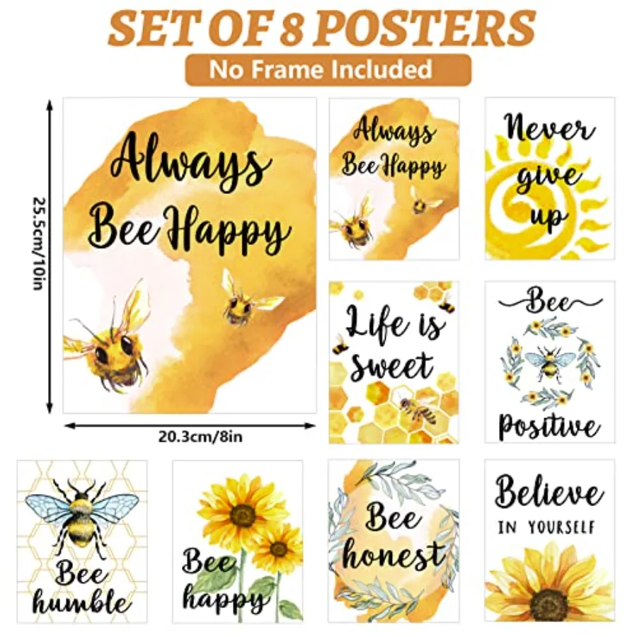 8Pcs Bee Classroom Motivational Posters Bumblebee Sunflower Inspirational, view 2