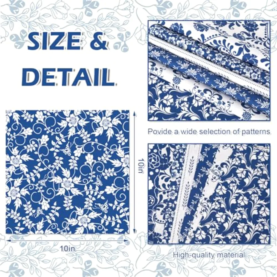 60Pcs Flower Cotton Fabric Bundles Blue White Floral Fabric Square, view 3
