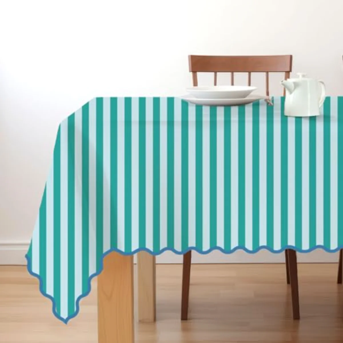 Striped Tablecloth, Blue Green Scalloped